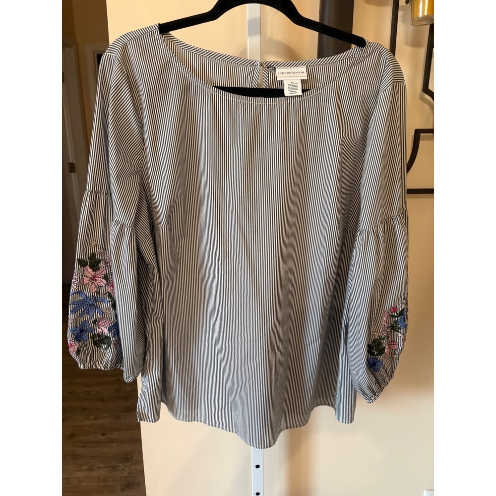 Liz Claiborne Striped Floral Embroidered Bell Sleeve Blouse Navy White XL